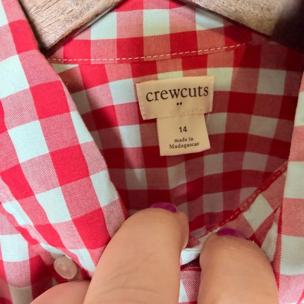 Crewcuts J.Crew Boys Red Gray Gingham Check Button Down Shirt Size 14